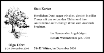 Traueranzeige von Olga Ufert von Tageszeitung