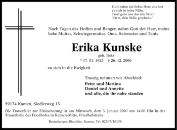 Traueranzeige von Erika Kunske von Tageszeitung