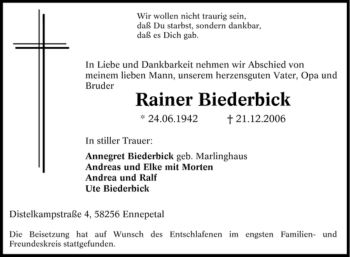 Traueranzeige von Rainer Biederbick von Tageszeitung