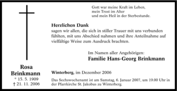 Traueranzeige von Rosa Brinkmann von Tageszeitung