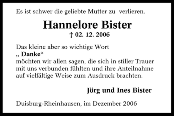 Traueranzeige von Hannelore Bister von Tageszeitung