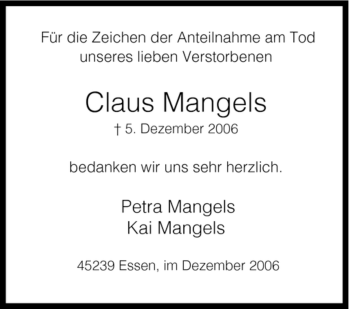 Traueranzeige von Claus Mangels von Tageszeitung