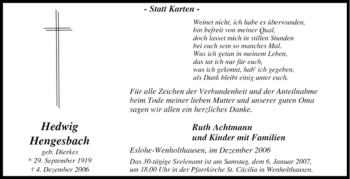 Traueranzeige von Hedwig Hengesbach von Tageszeitung