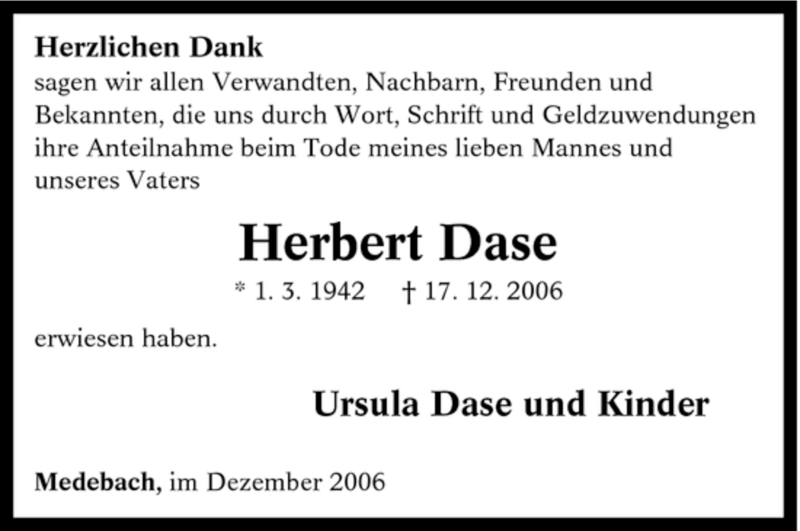  Traueranzeige für Herbert Dase vom 30.12.2006 aus Tageszeitung