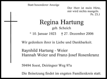 Traueranzeige von Regina Hartung von Tageszeitung