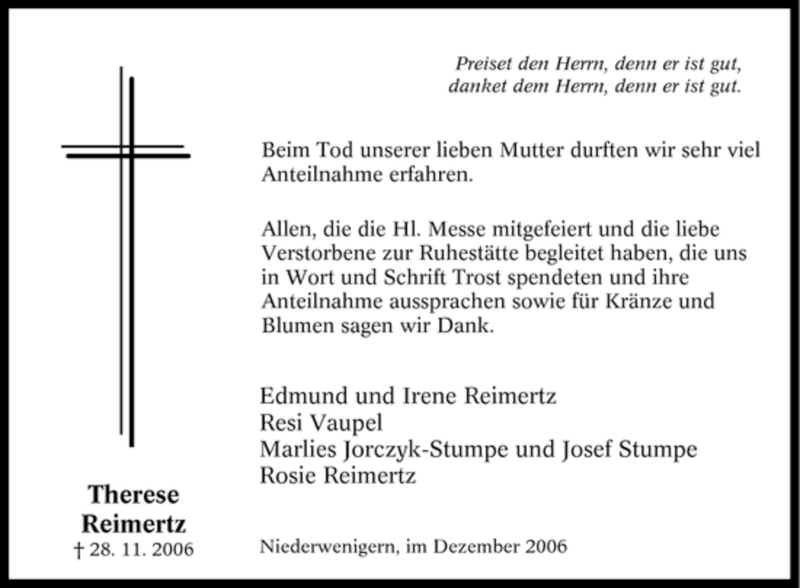  Traueranzeige für Therese Reimertz vom 30.12.2006 aus Tageszeitung