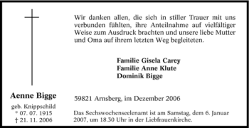Traueranzeige von Aenne Bigge von Tageszeitung
