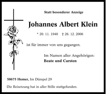 Traueranzeige von Johannes Albert Klein von Tageszeitung