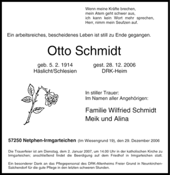 Traueranzeige von Otto Schmidt von Tageszeitung