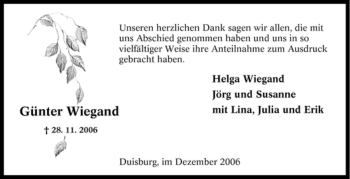 Traueranzeige von Günter Wiegand von Tageszeitung