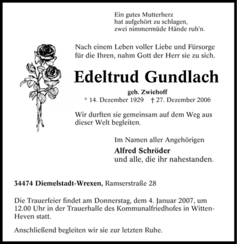  Traueranzeige für Edeltrud Gundlach vom 30.12.2006 aus Tageszeitung