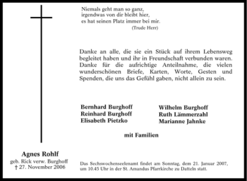 Traueranzeige von Agnes Rohlf von Tageszeitung