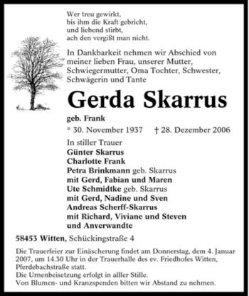 Traueranzeige von Gerda Skarrus von Tageszeitung