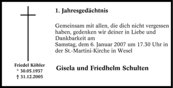 Traueranzeige von Friedel Köhler von Tageszeitung