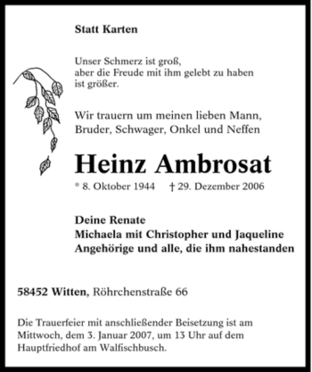 Traueranzeige von Heinz Ambrosat von Tageszeitung