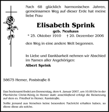 Traueranzeige von Elisabeth Sprink von Tageszeitung