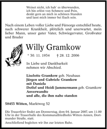 Traueranzeige von Willy Gramkow von Tageszeitung