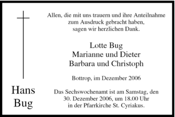 Traueranzeige von Hans Bug von Tageszeitung