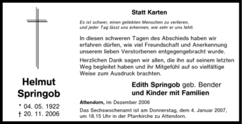 Traueranzeige von Helmut Springob von Tageszeitung