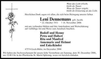 Traueranzeige von Leni Dennemans von Tageszeitung
