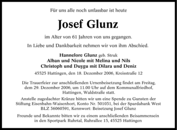 Traueranzeige von Josef Glunz von Tageszeitung