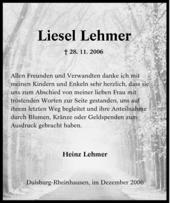 Traueranzeige von Liesel Lehmer von Tageszeitung