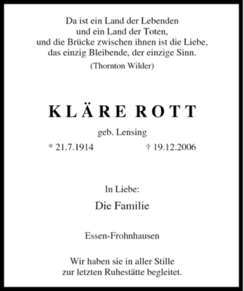 Traueranzeige von Kläre Rott von Tageszeitung