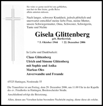 Traueranzeige von Gisela Glittenberg von Tageszeitung