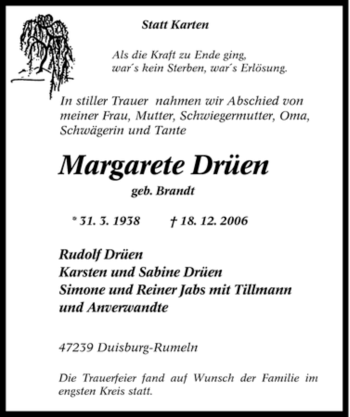 Traueranzeige von Margarete Drüen von Tageszeitung
