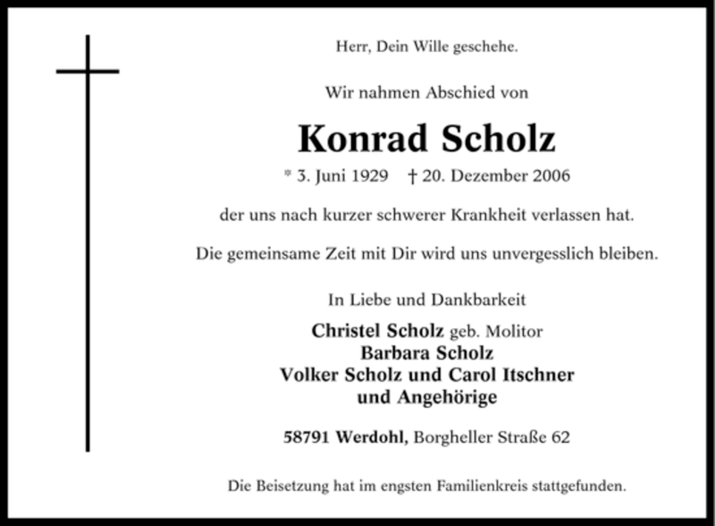  Traueranzeige für Konrad Scholz vom 28.12.2006 aus Tageszeitung