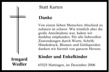 Traueranzeige von Irmgard Wedler von Tageszeitung