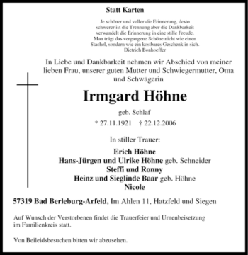 Traueranzeige von Irmgard Höhne von Tageszeitung