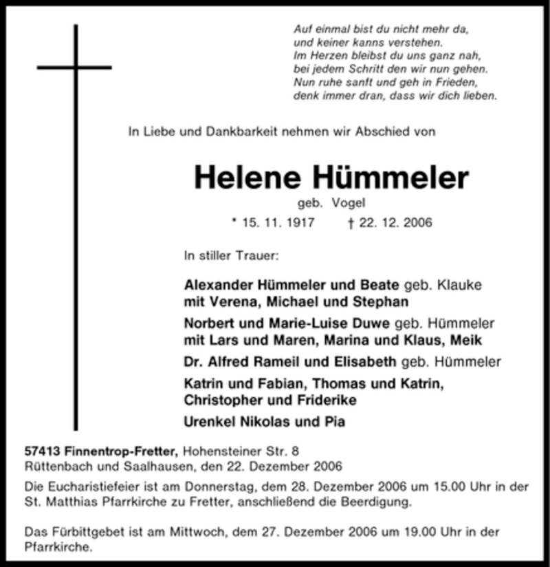  Traueranzeige für Helene Hümmeler vom 27.12.2006 aus Tageszeitung