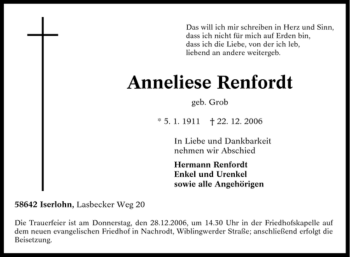 Traueranzeige von Anneliese Renfordt von Tageszeitung