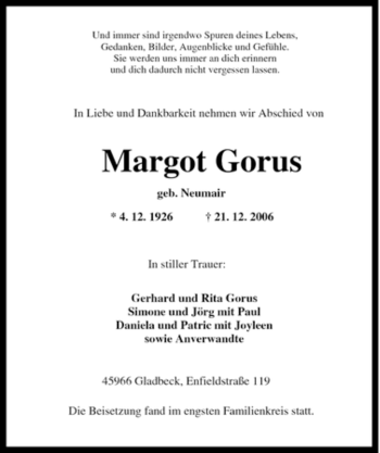 Traueranzeige von Margot Gorus von Tageszeitung