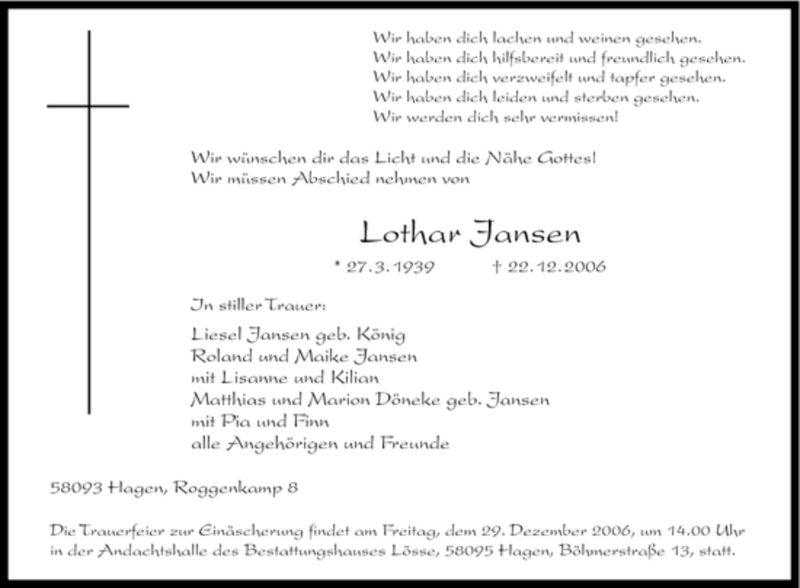  Traueranzeige für Lothar Jansen vom 27.12.2006 aus Tageszeitung