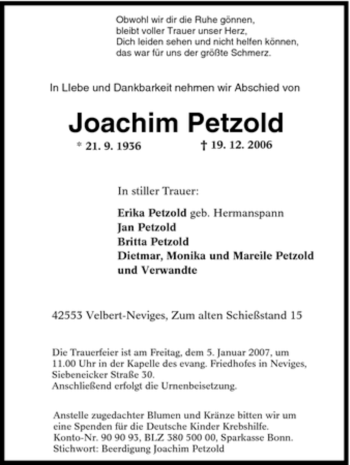Traueranzeige von Joachim Petzold von Tageszeitung