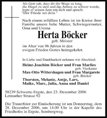 Traueranzeige von Herta Böcker von Tageszeitung