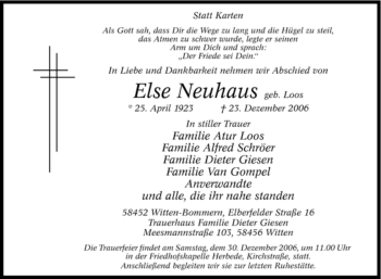 Traueranzeige von Else Neuhaus von Tageszeitung