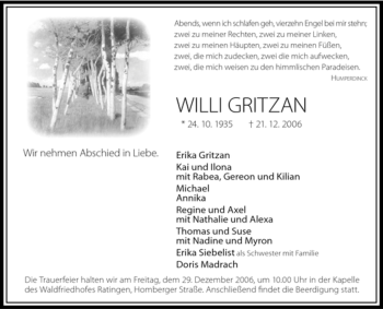 Traueranzeige von Willi Gritzan von Tageszeitung
