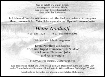Traueranzeige von Heinz Nordhoff von Tageszeitung
