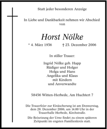 Traueranzeige von Horst Nölke von Tageszeitung