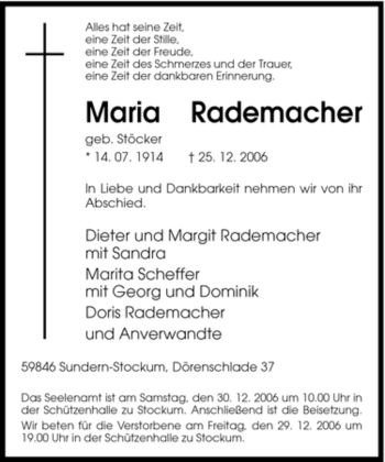 Traueranzeige von Maria Rademacher von Tageszeitung