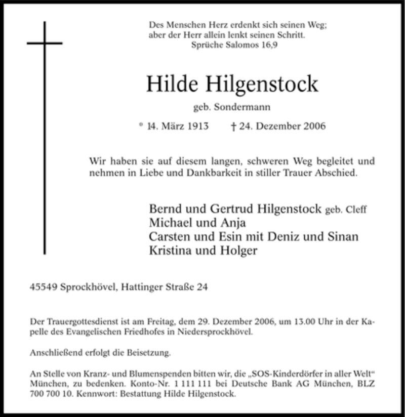  Traueranzeige für Hilde Hilgenstock vom 27.12.2006 aus Tageszeitung