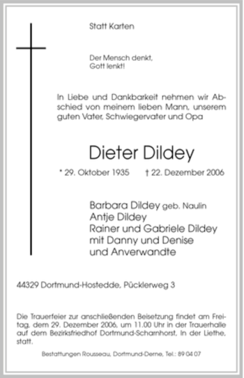 Traueranzeige von Dieter Dildey von Tageszeitung