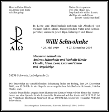 Traueranzeige von Willi Schwohnke von Tageszeitung