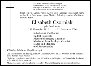 Traueranzeige von Elisabeth Czorniak von Tageszeitung