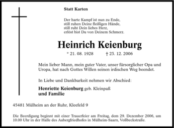 Traueranzeige von Heinrich Keienburg von Tageszeitung