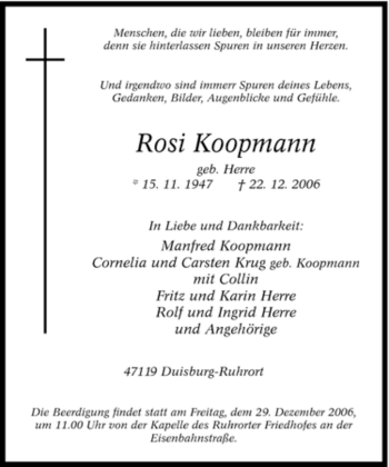 Traueranzeige von Rosi Koopmann von Tageszeitung