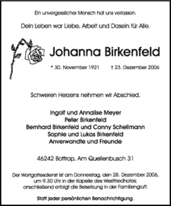 Traueranzeige von Johanna Birkenfeld von Tageszeitung